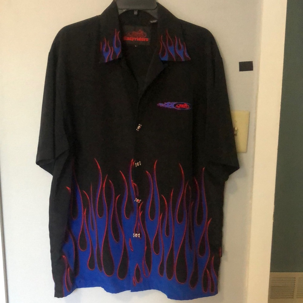 Used: Large Short Sleeve Shirt. Easy Riders Blue Flames and Skull Buttons